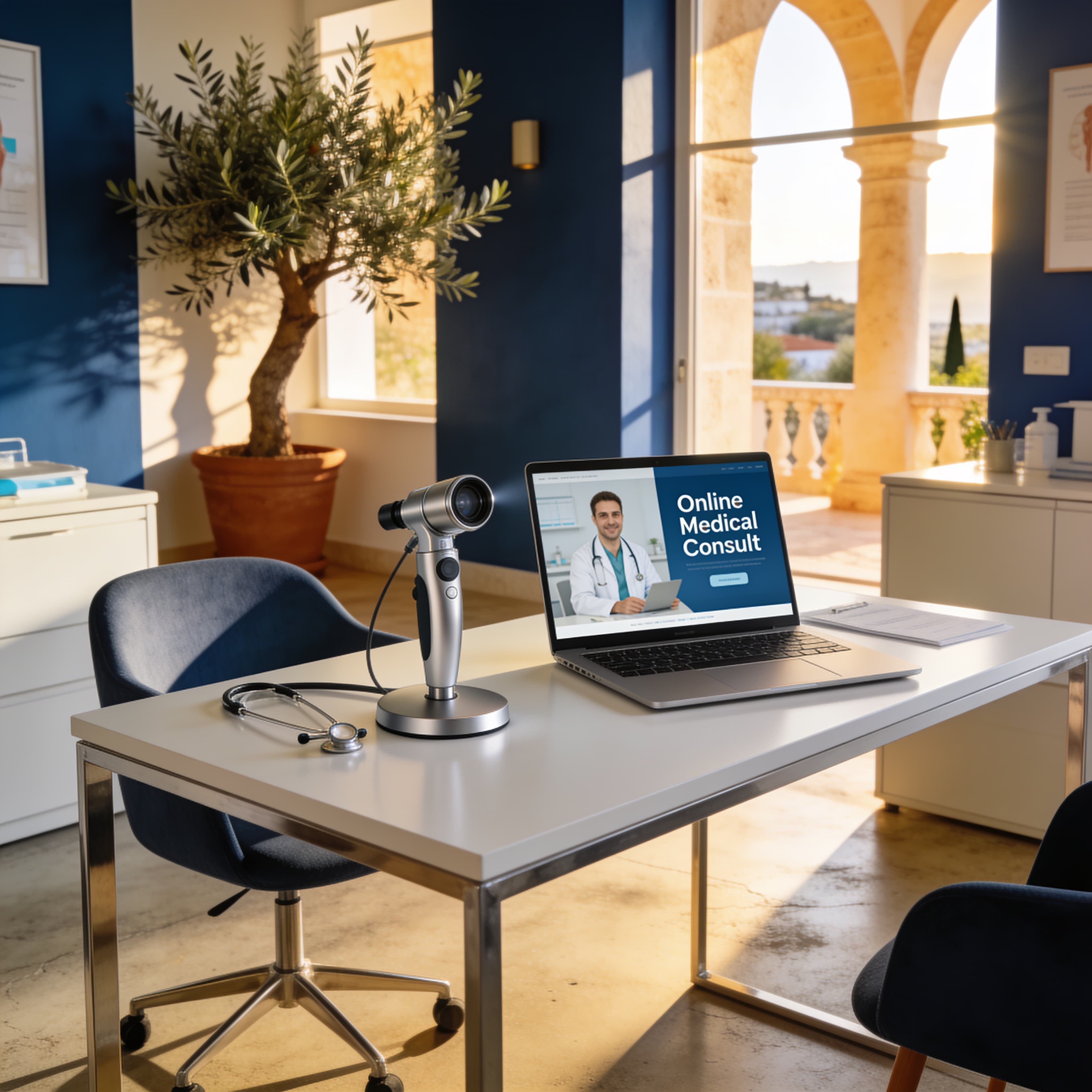 Modern medical consultation desk with otoscope and laptop in Spain for ear infection care
