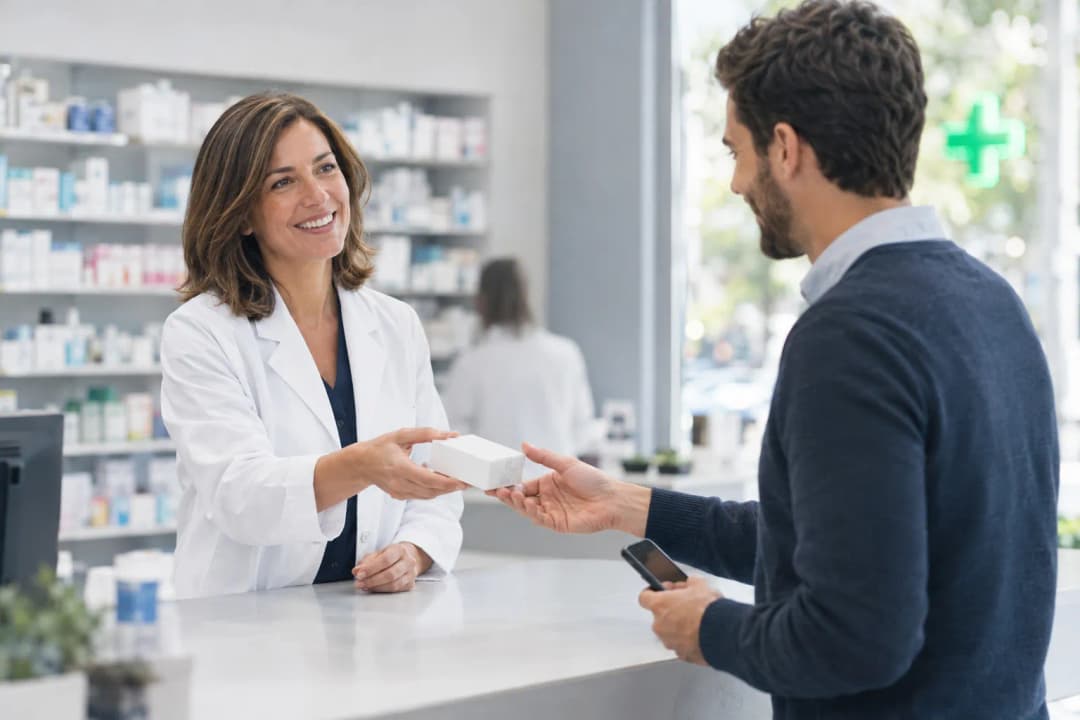 Pharmacist in a Spanish pharmacy handing a medicine box to a customer