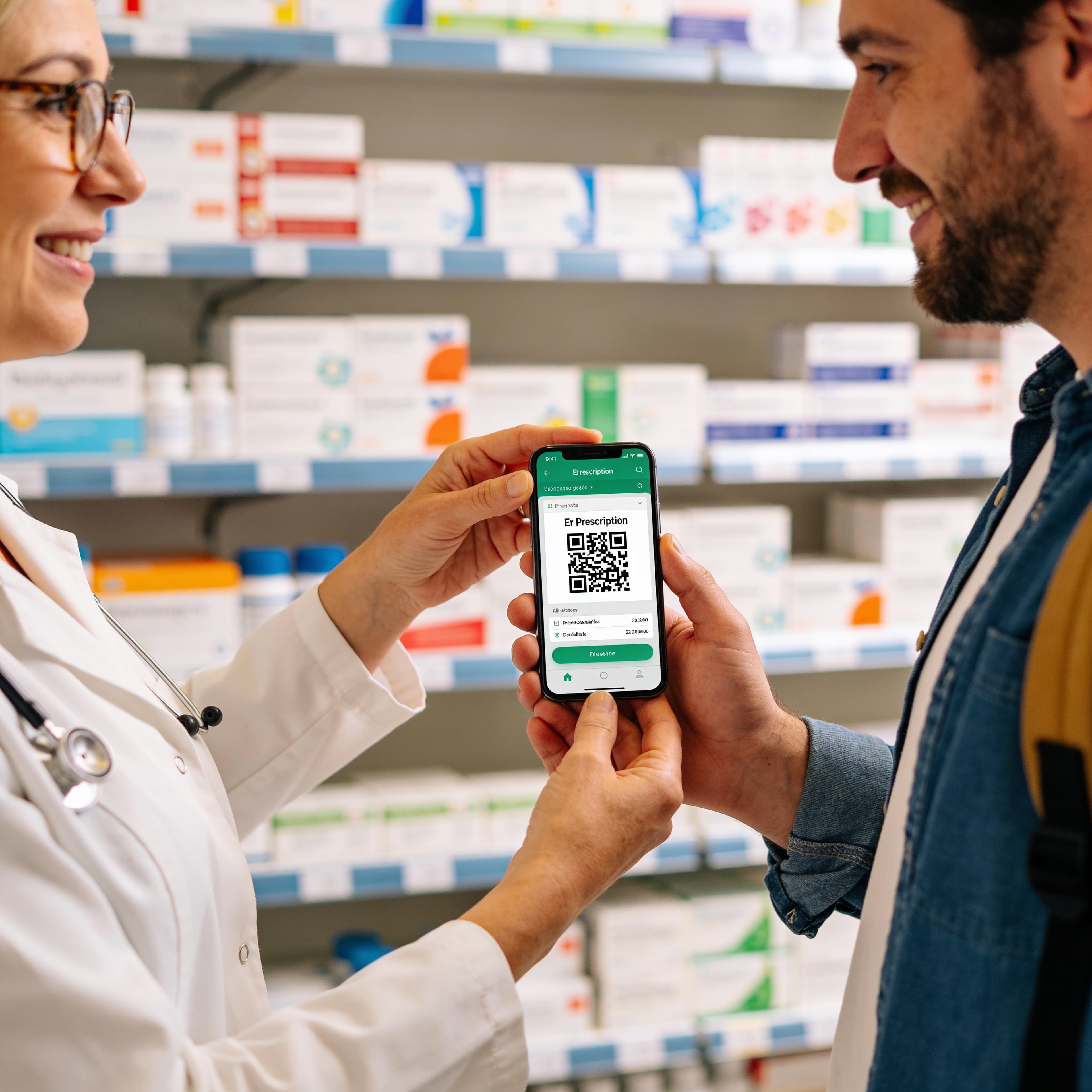 Pharmacist in a European pharmacy scanning a patient's smartphone showing a digital e-prescription QR code, with medication shelves in the background