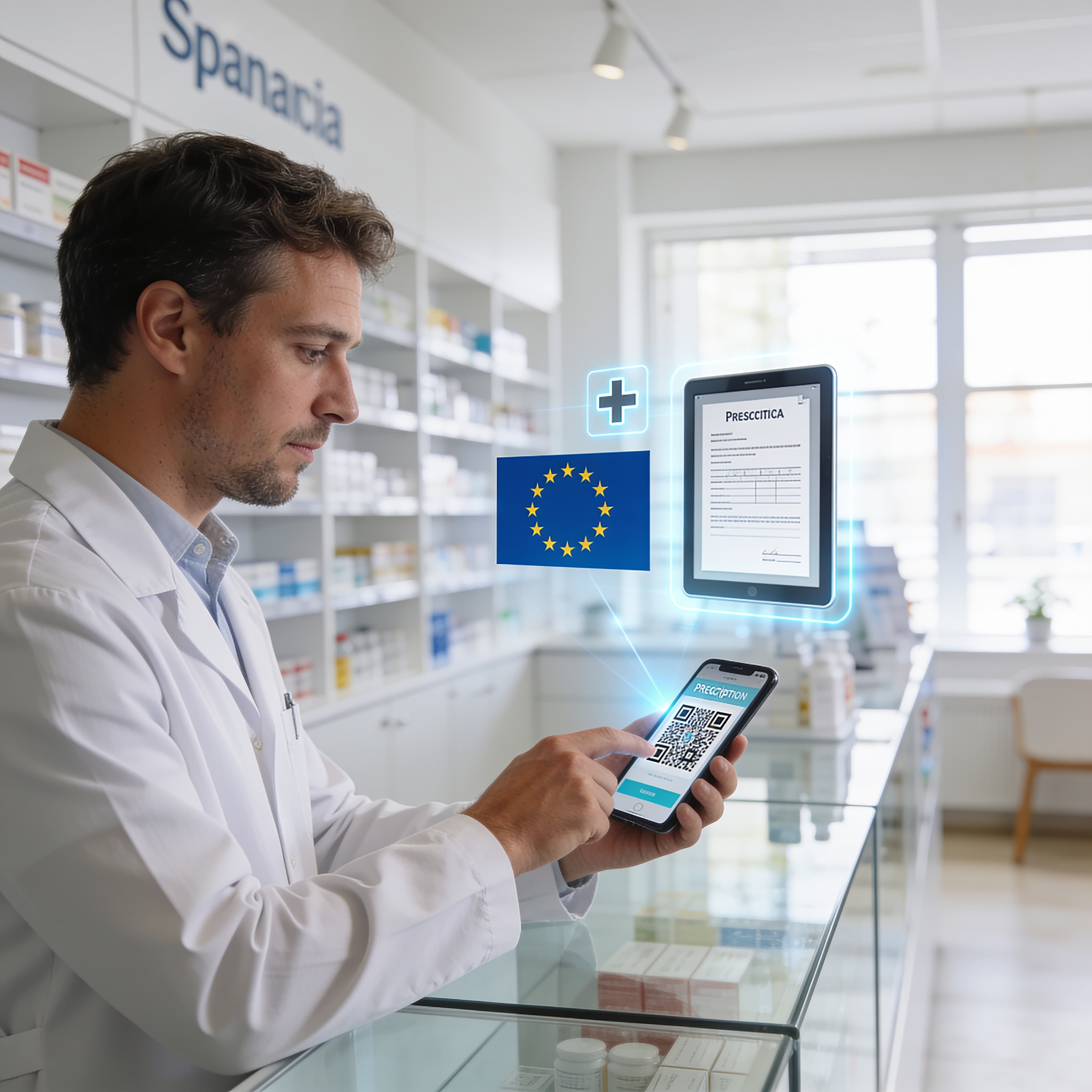 Pharmacist scanning a digital cross-border e-prescription on a smartphone at a modern Spanish pharmacy counter