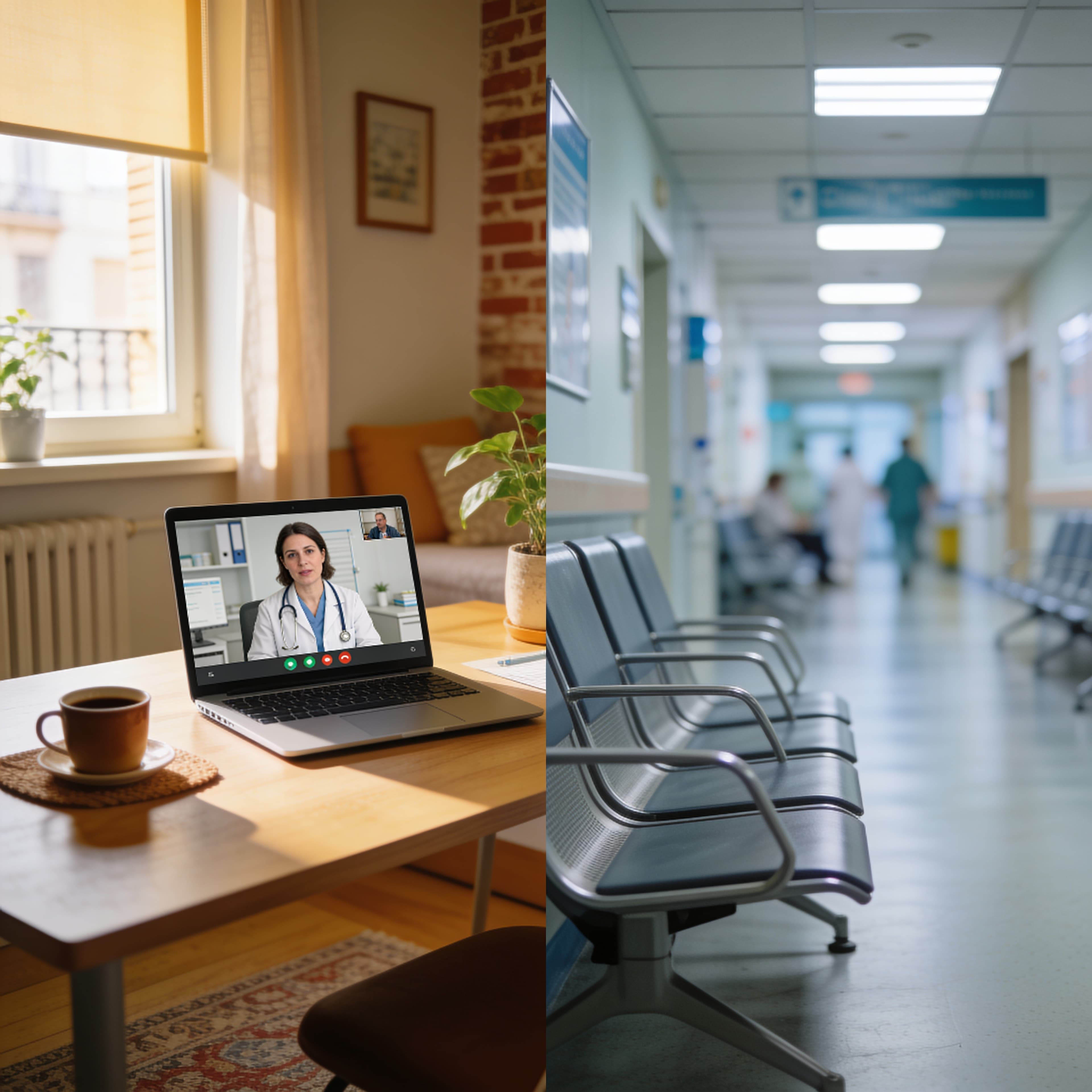 Split scene comparing a calm English-language telemedicine video consultation with a busy public hospital waiting room in Spain