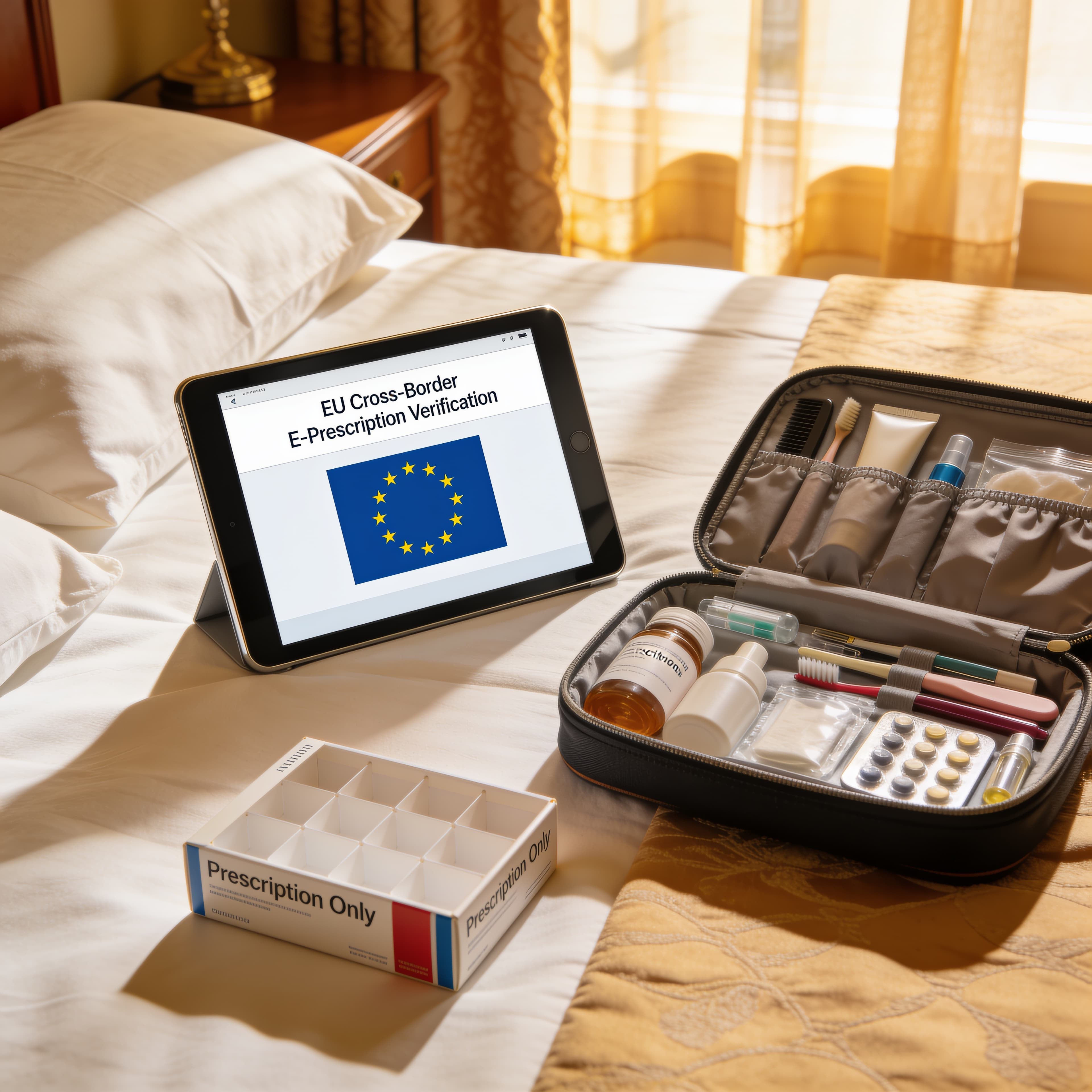 Traveler checking digital prescription on a tablet in a hotel room in Madrid with empty medicine boxes