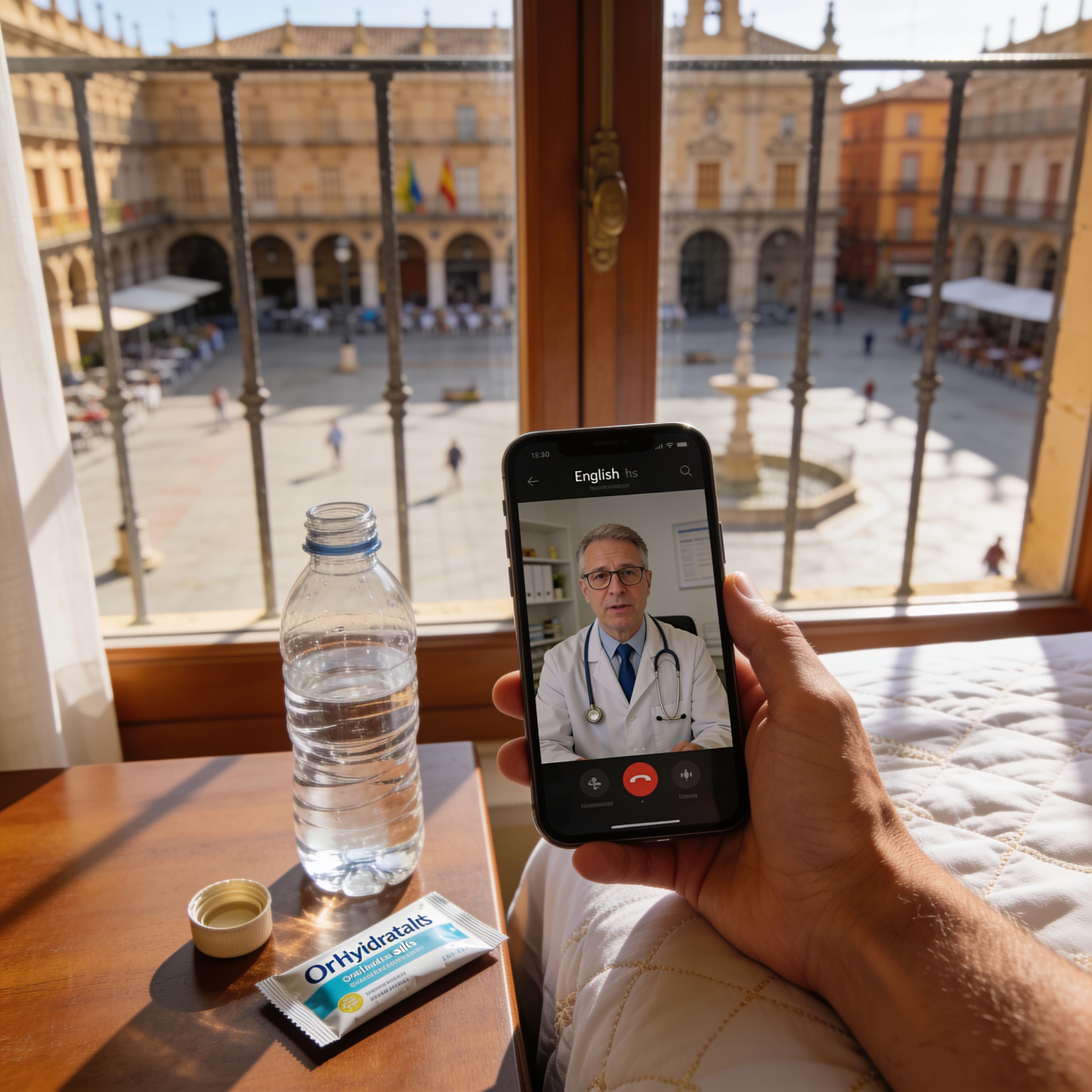 Traveler in a Spain hotel room having an English-language telemedicine video consultation about traveler's diarrhea