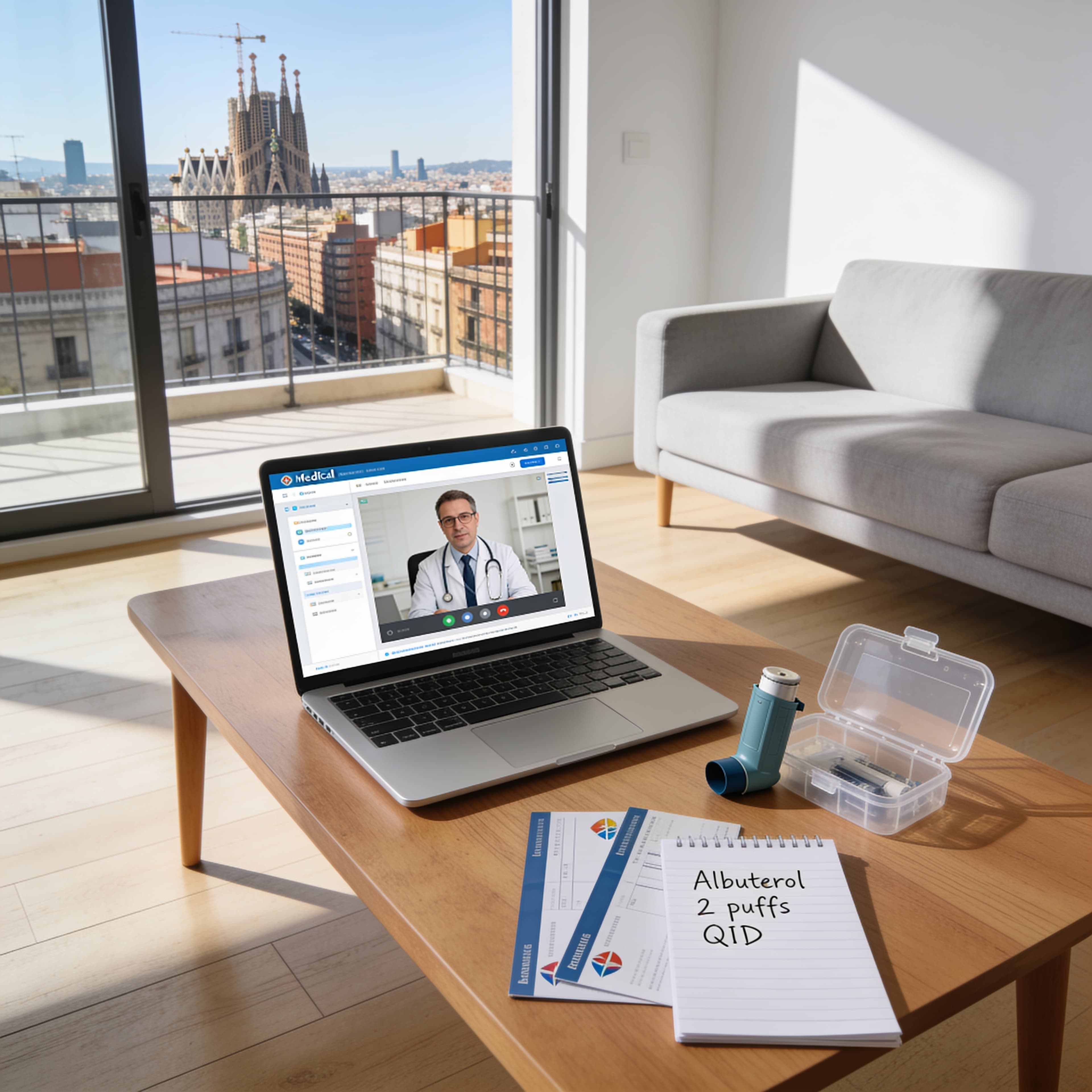 Asthma inhaler and spacer on a coffee table in Spain next to a laptop during an online doctor consultation