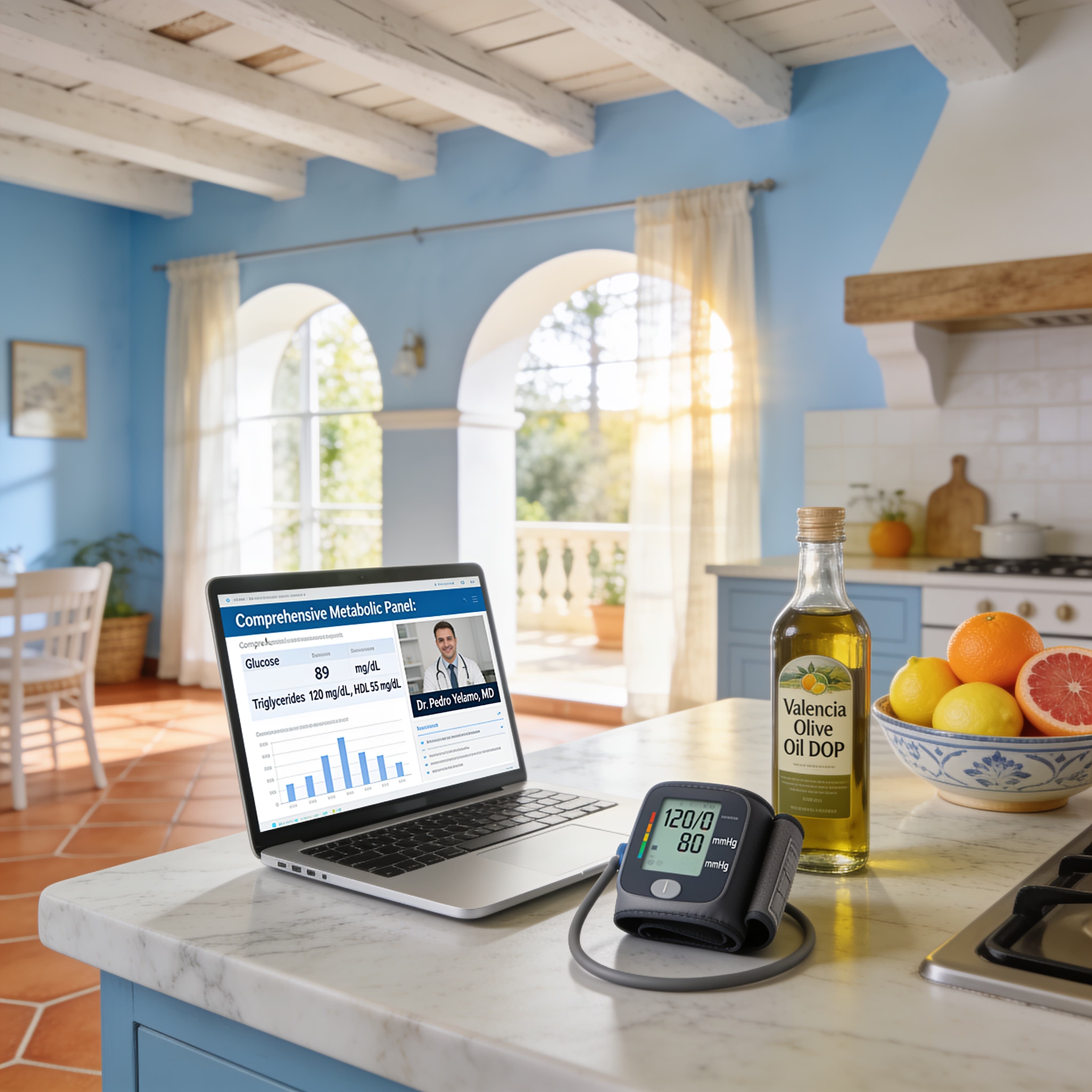 Modern kitchen table in Spain with laptop showing comprehensive metabolic blood test report and blood pressure monitor