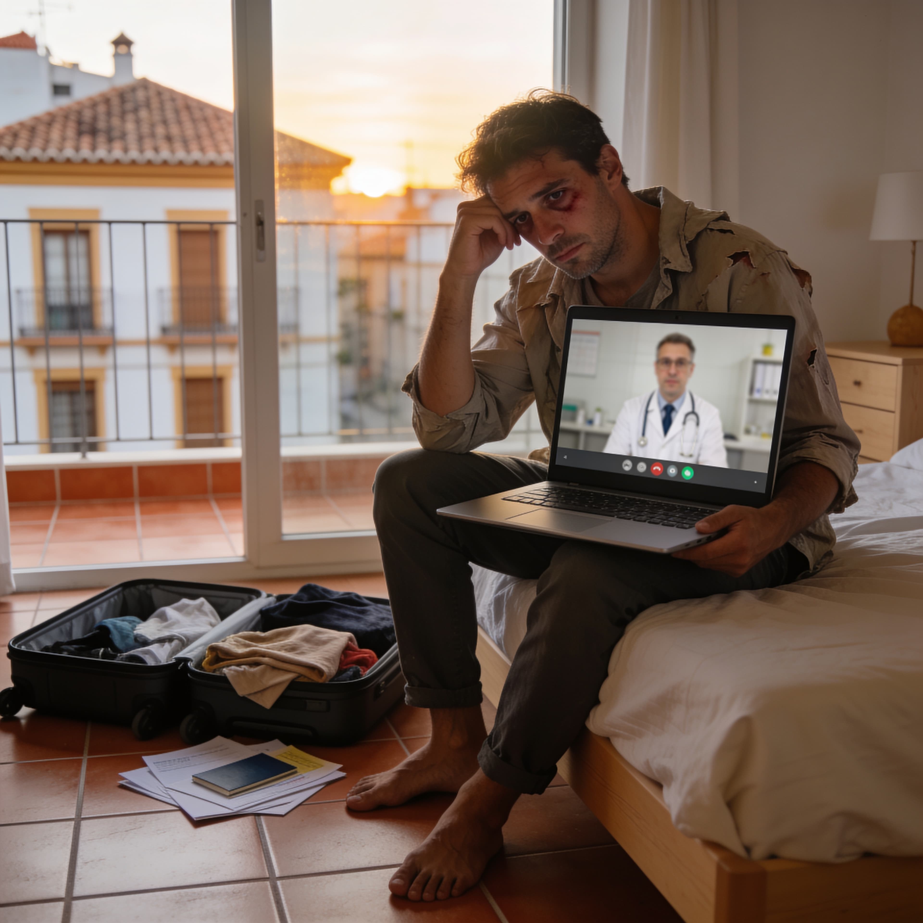 Jet-lagged traveler having an English-language telemedicine video consultation from a Spanish apartment at dawn