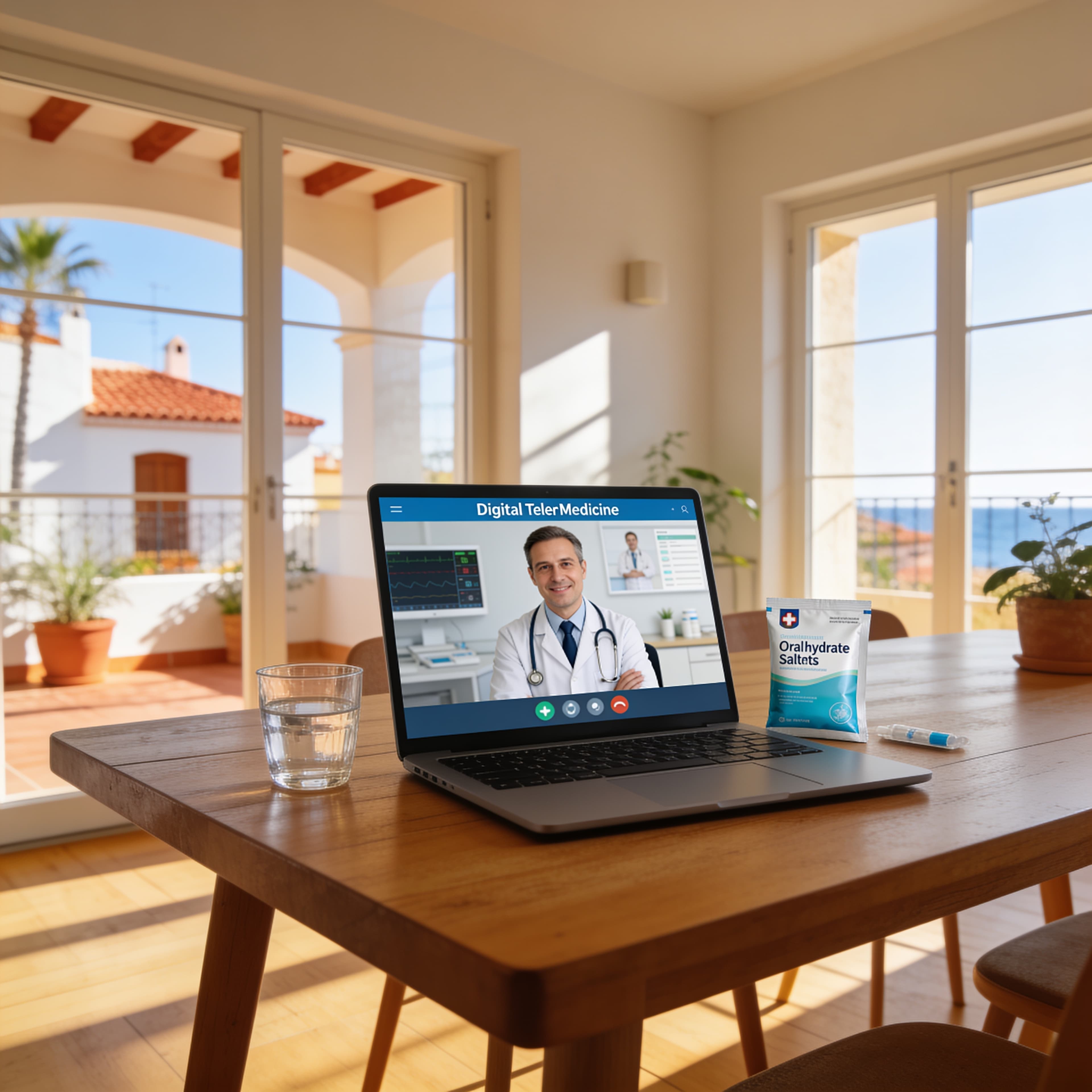 Consulta médica online para gastroenteritis en España con sobre de suero oral y ordenador portátil en mesa iluminada