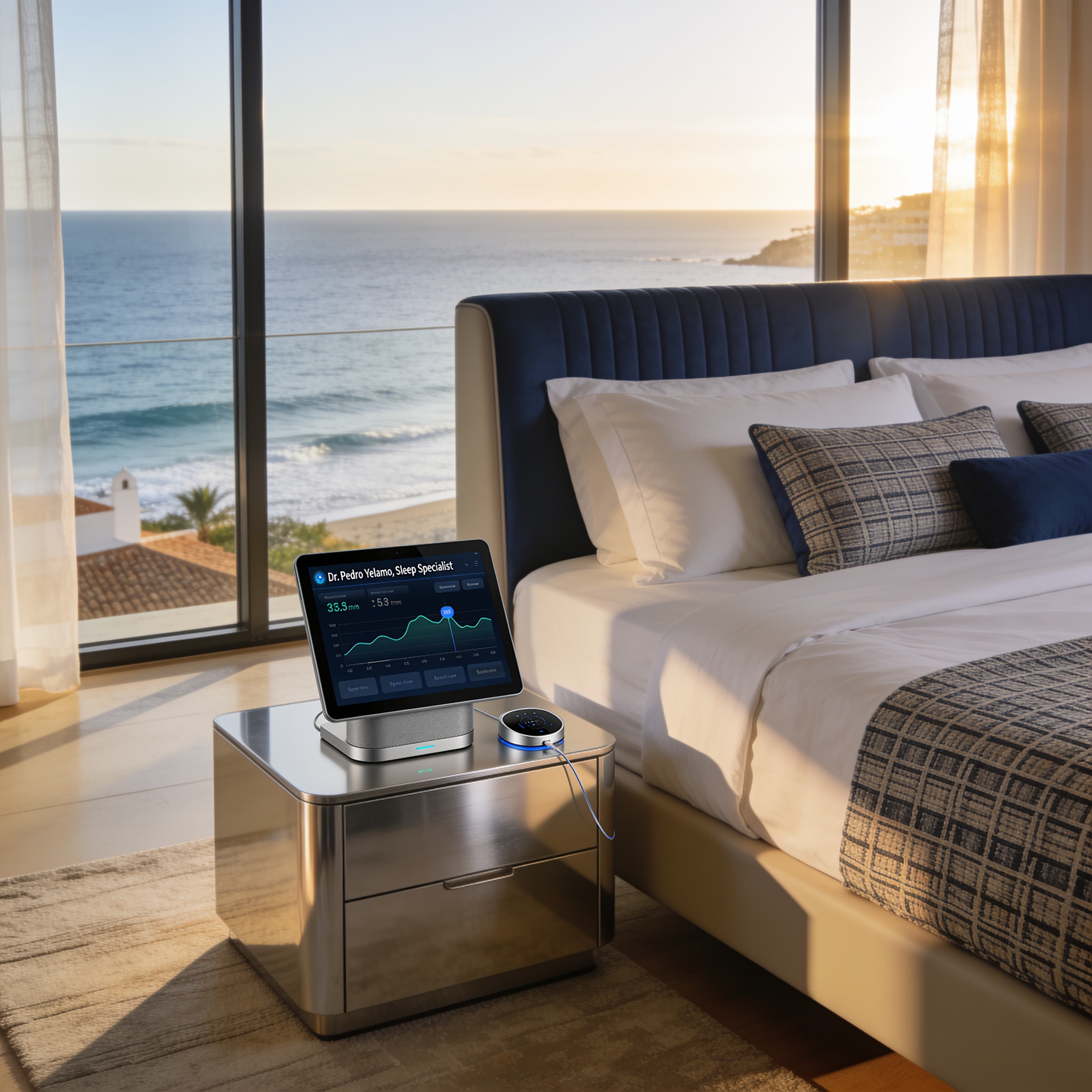 Luxury serene bedroom in Spain with digital tablet displaying sleep telemedicine evaluation