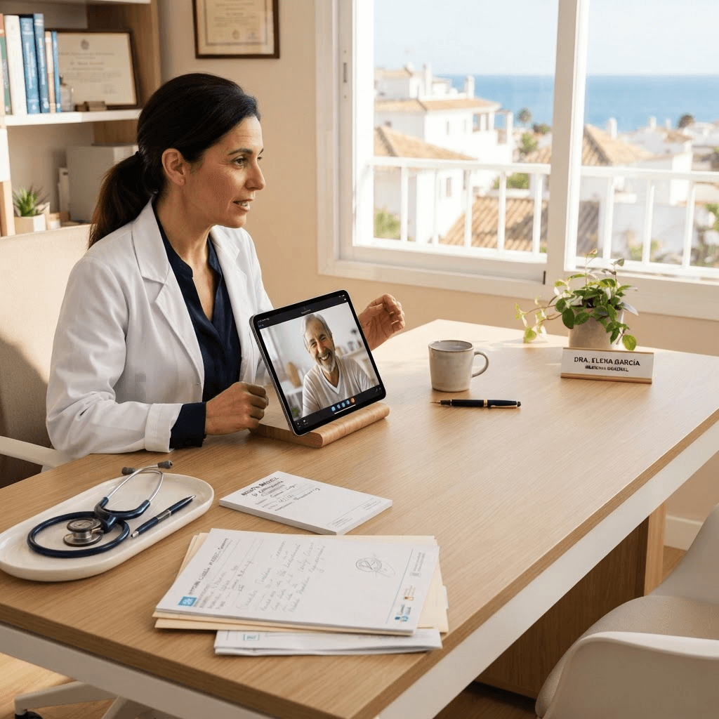 English speaking GP video consultation for expats in Spain on tablet with stethoscope and prescription notes