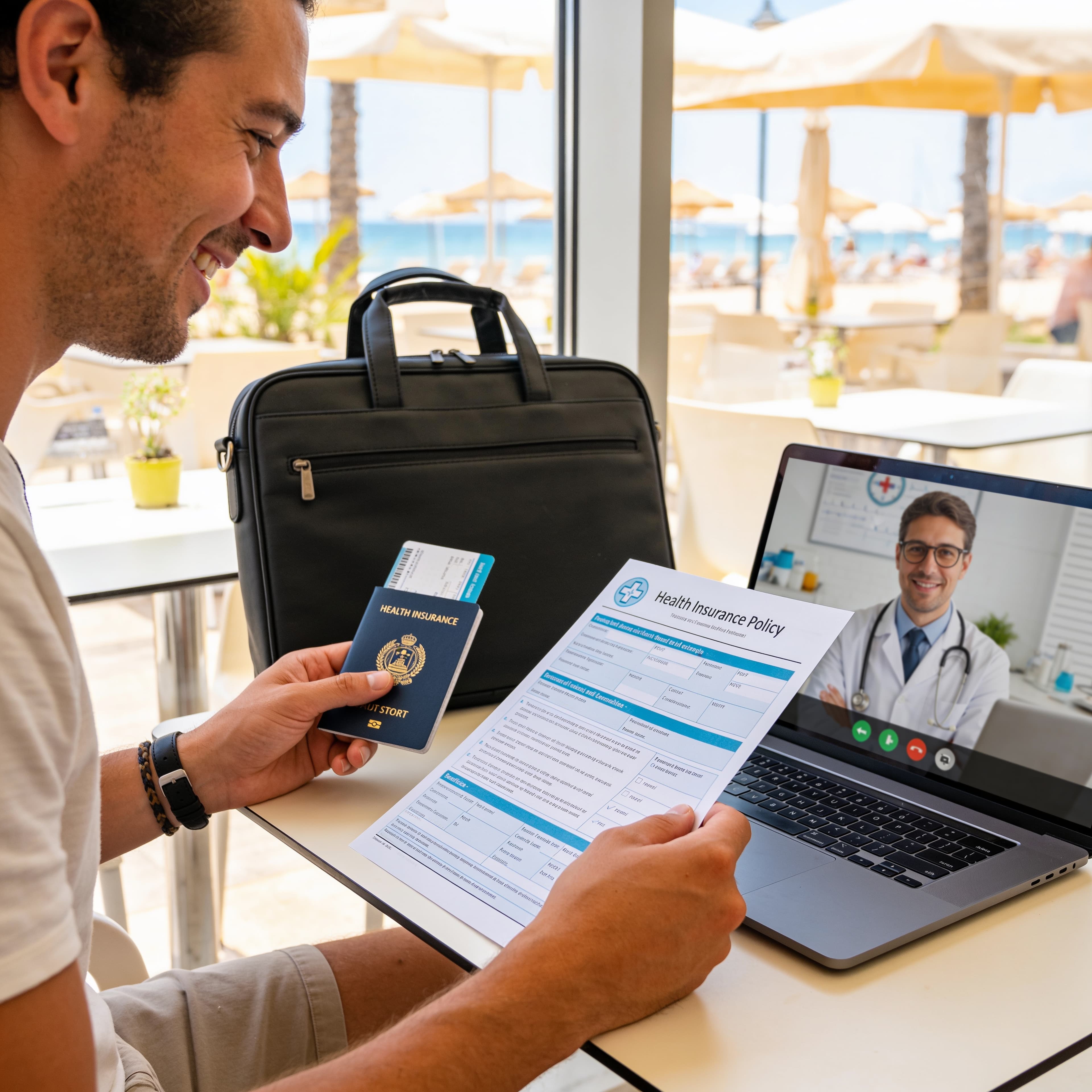 Digital nomad reviewing a Spanish health insurance policy and passport at a bright coworking cafe in Spain, with a telemedicine video call visible on a laptop screen