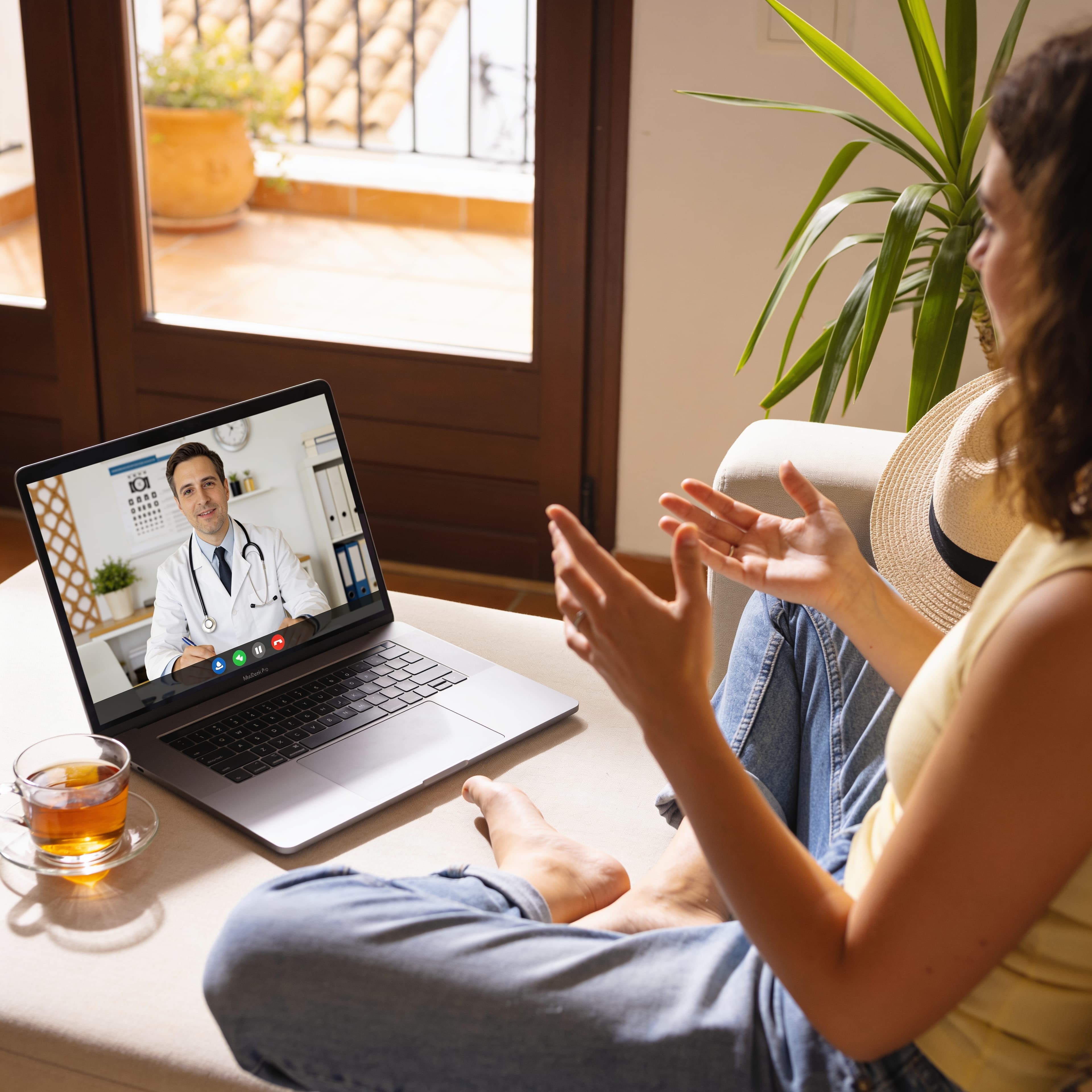 Woman having an English-language telemedicine video consultation from her apartment in Spain
