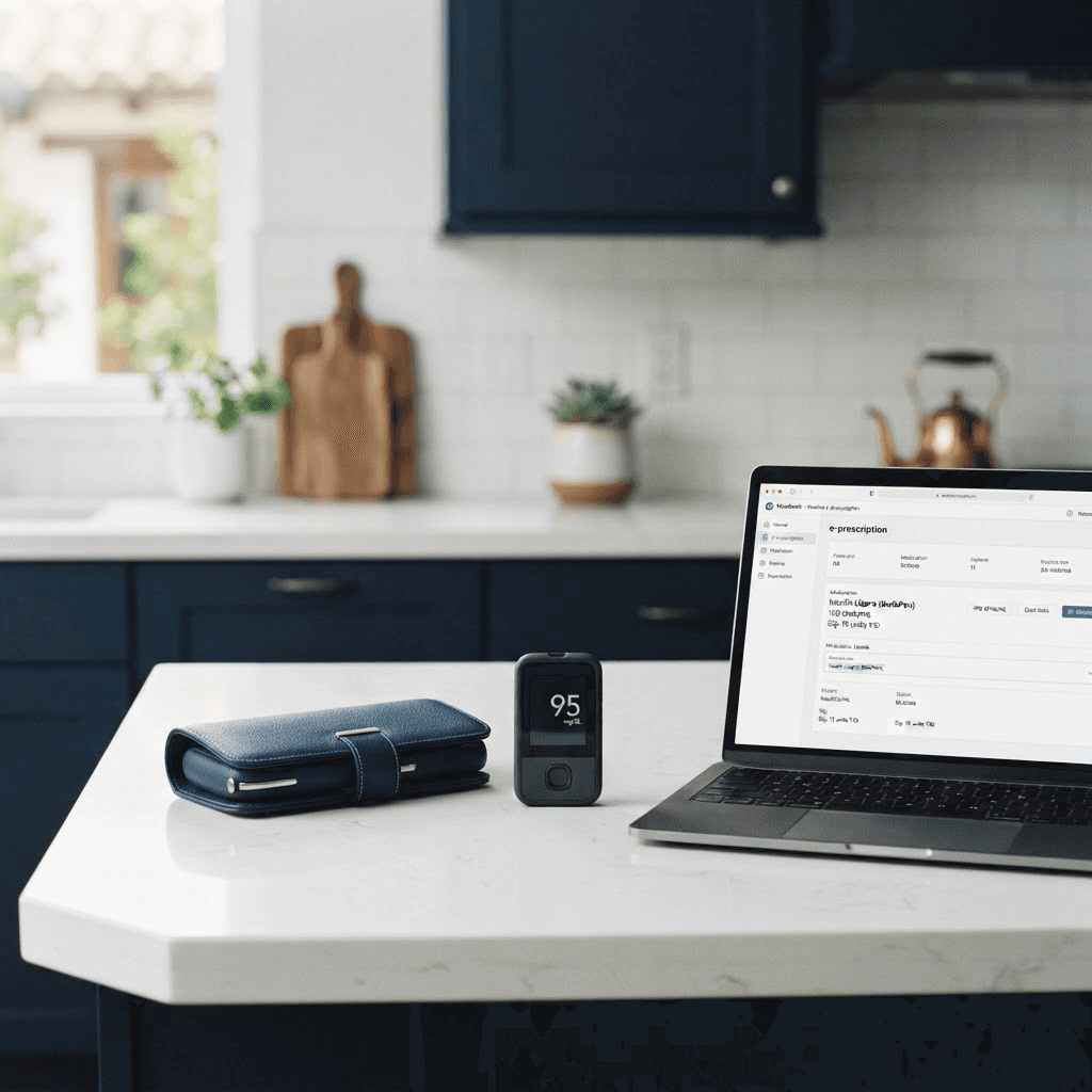 Minimalist Spanish kitchen with insulin pen case, glucose monitor, and digital e-prescription on laptop