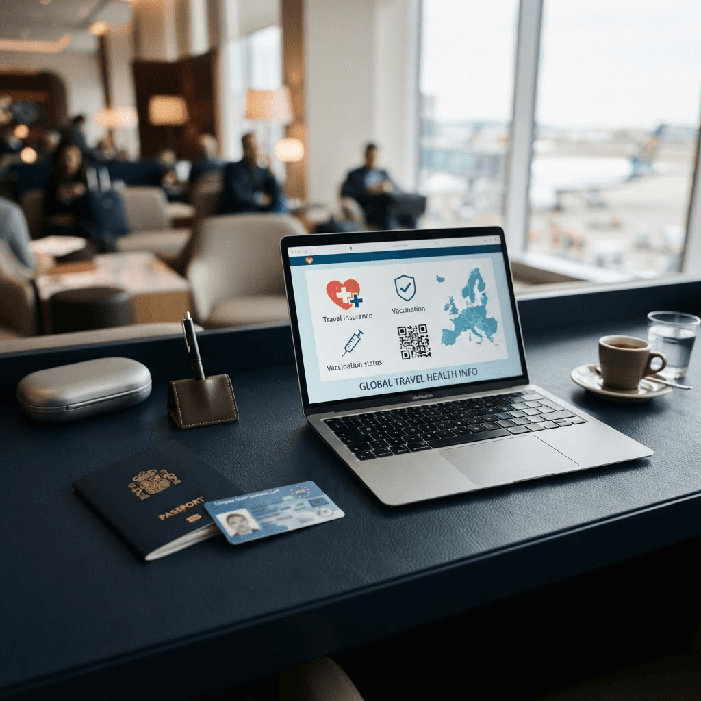 Modern Spanish airport lounge desk with European Health Insurance Card, passport, and travel health information on laptop