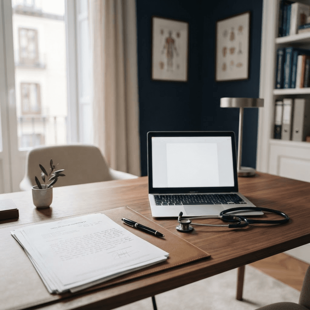 Elegant private medical office in Spain with a referral letter, stethoscope, and specialist referral document on laptop