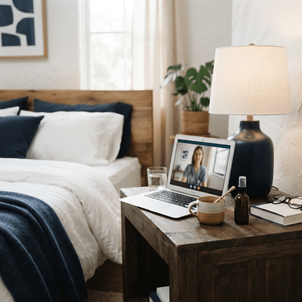 Serene Spanish bedroom with warm honey water and throat spray for telemedicine sore throat consultation