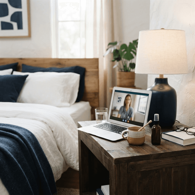 Serene Spanish bedroom with warm honey water and throat spray for telemedicine sore throat consultation