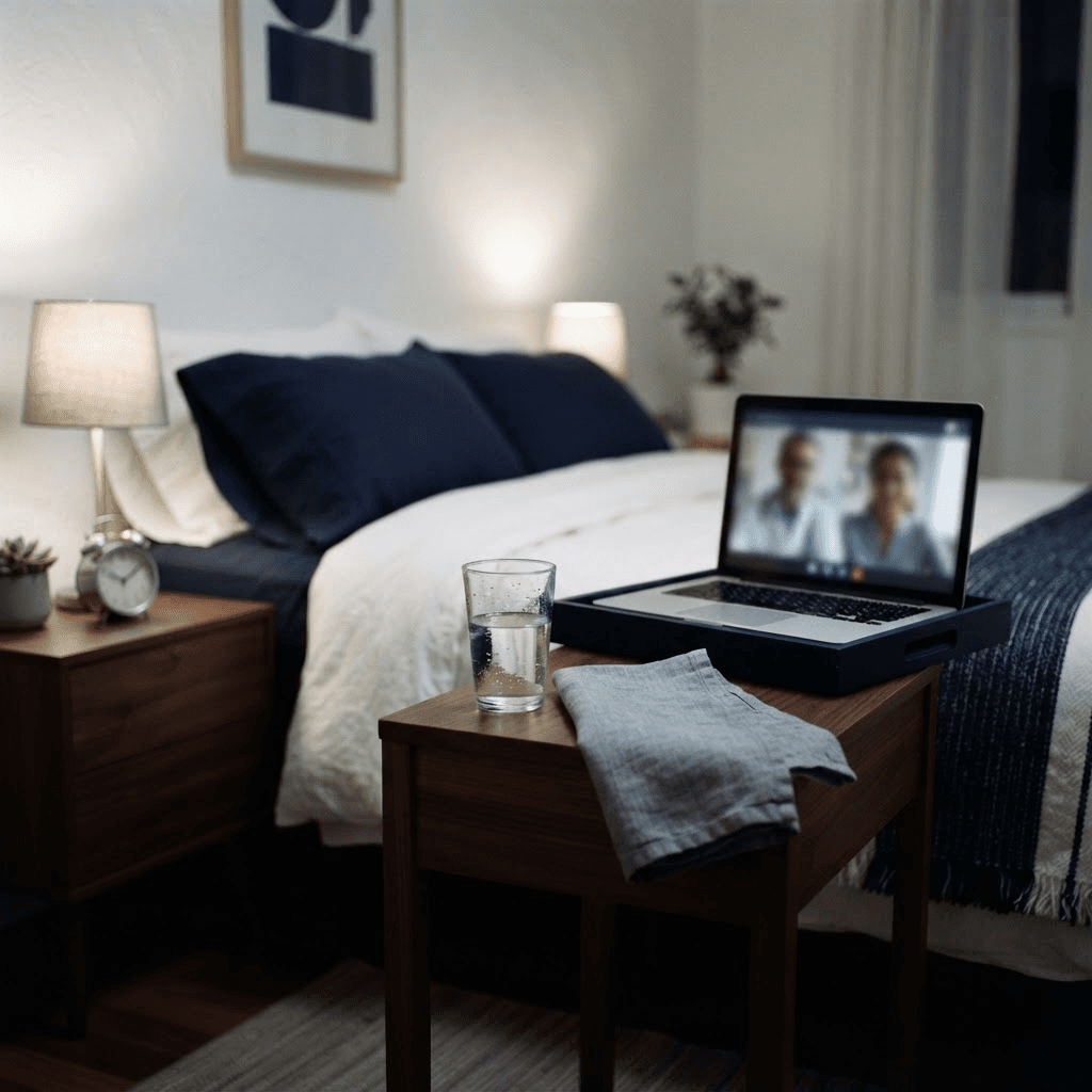 Calm minimalist Spanish bedroom with water glass and cool cloth for telemedicine vertigo consultation