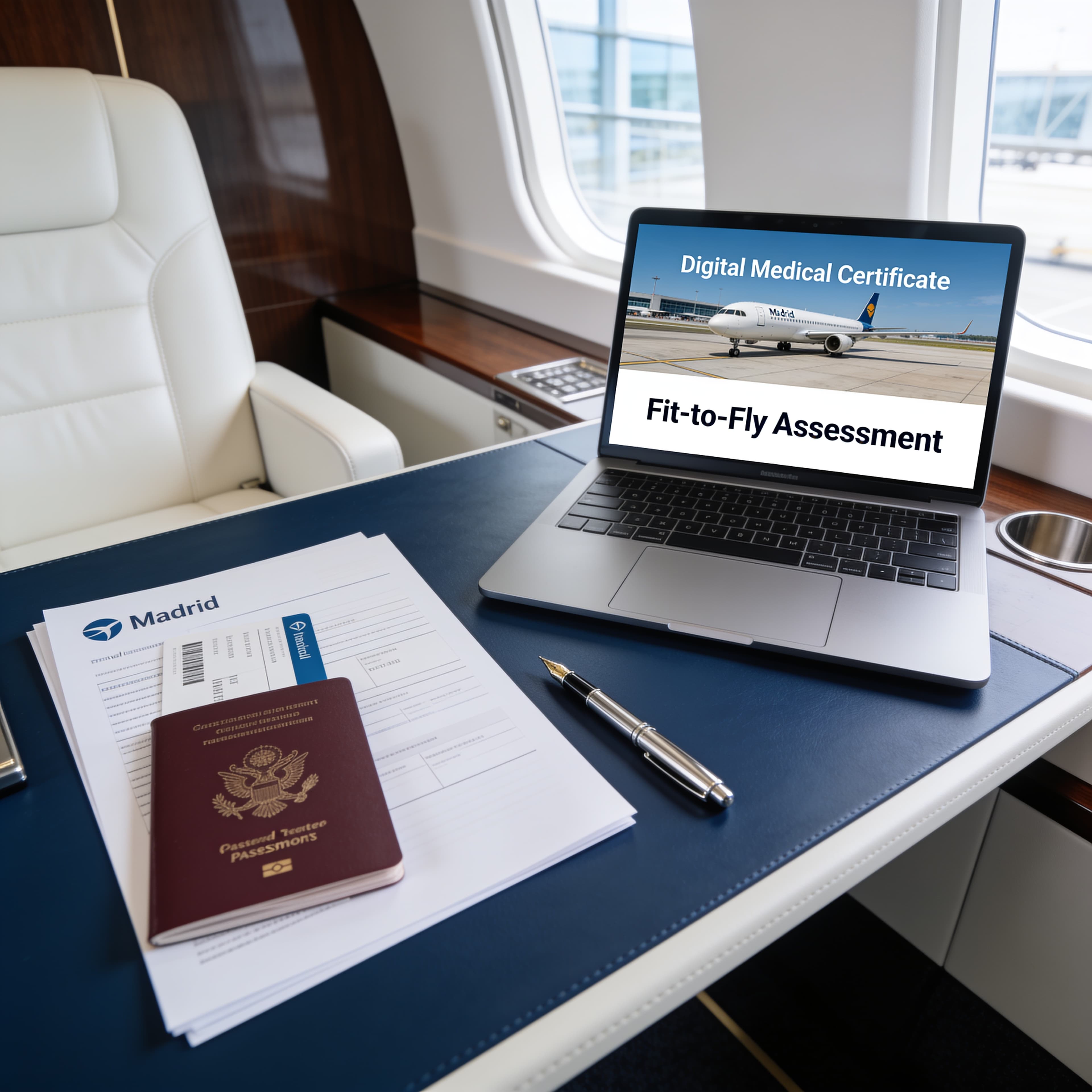 Mesa de trabajo de viaje con pasaporte y ordenador que muestra un certificado médico oficial para volar en España