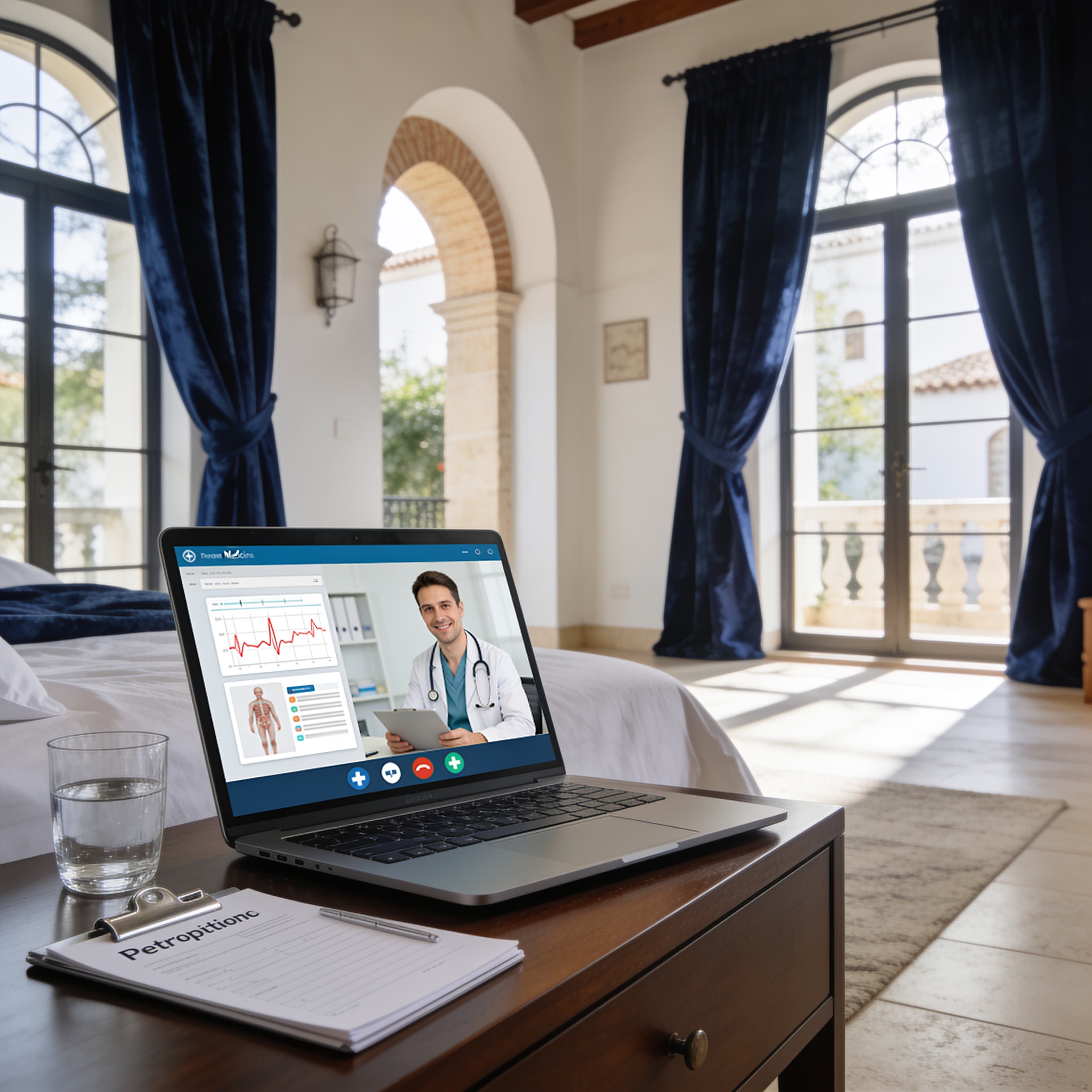 Calm bedroom setting in Spain with laptop and water glass for online migraine consultation