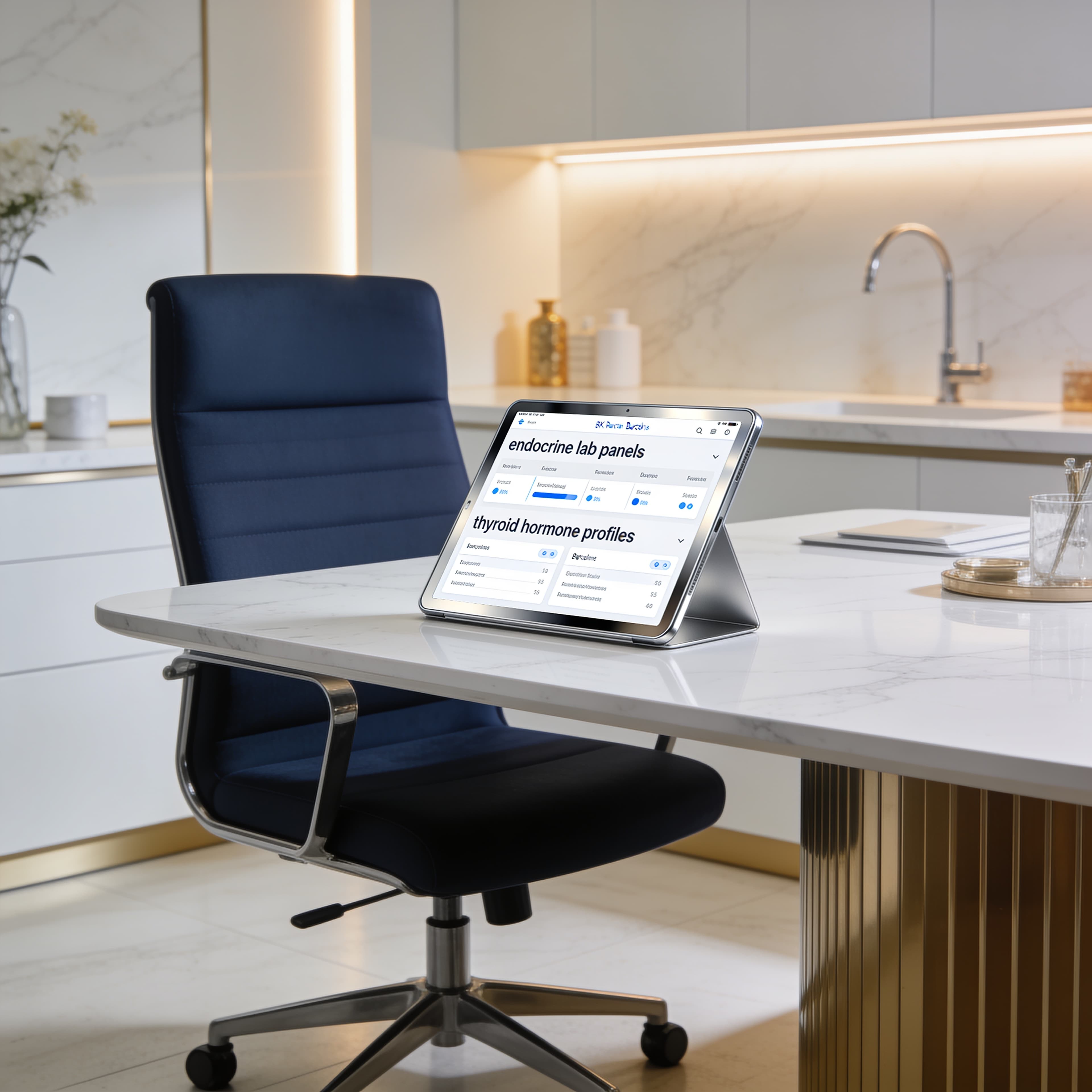 Modern endocrine wellness clinic in Spain with digital tablet displaying thyroid biomarker panels