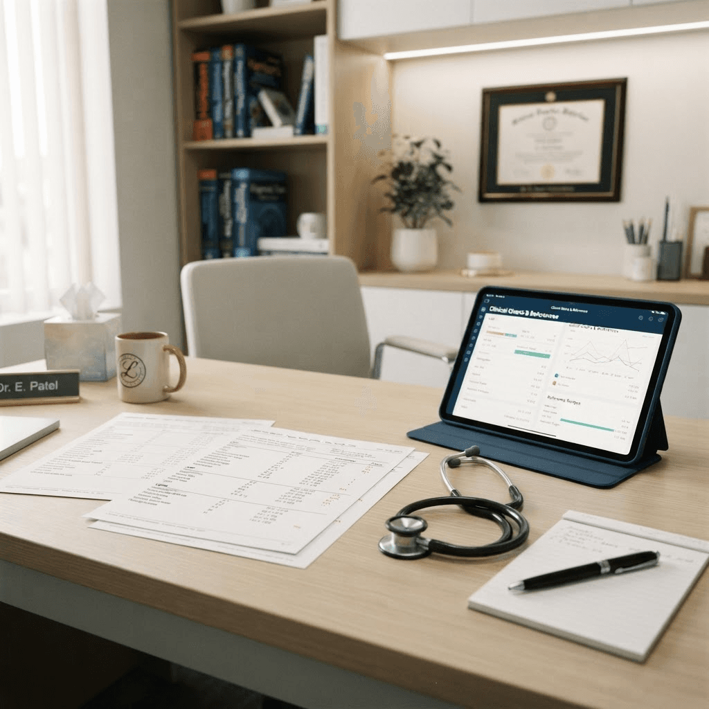 Online GP lab results review and blood test explanation on digital tablet with medical charts and stethoscope