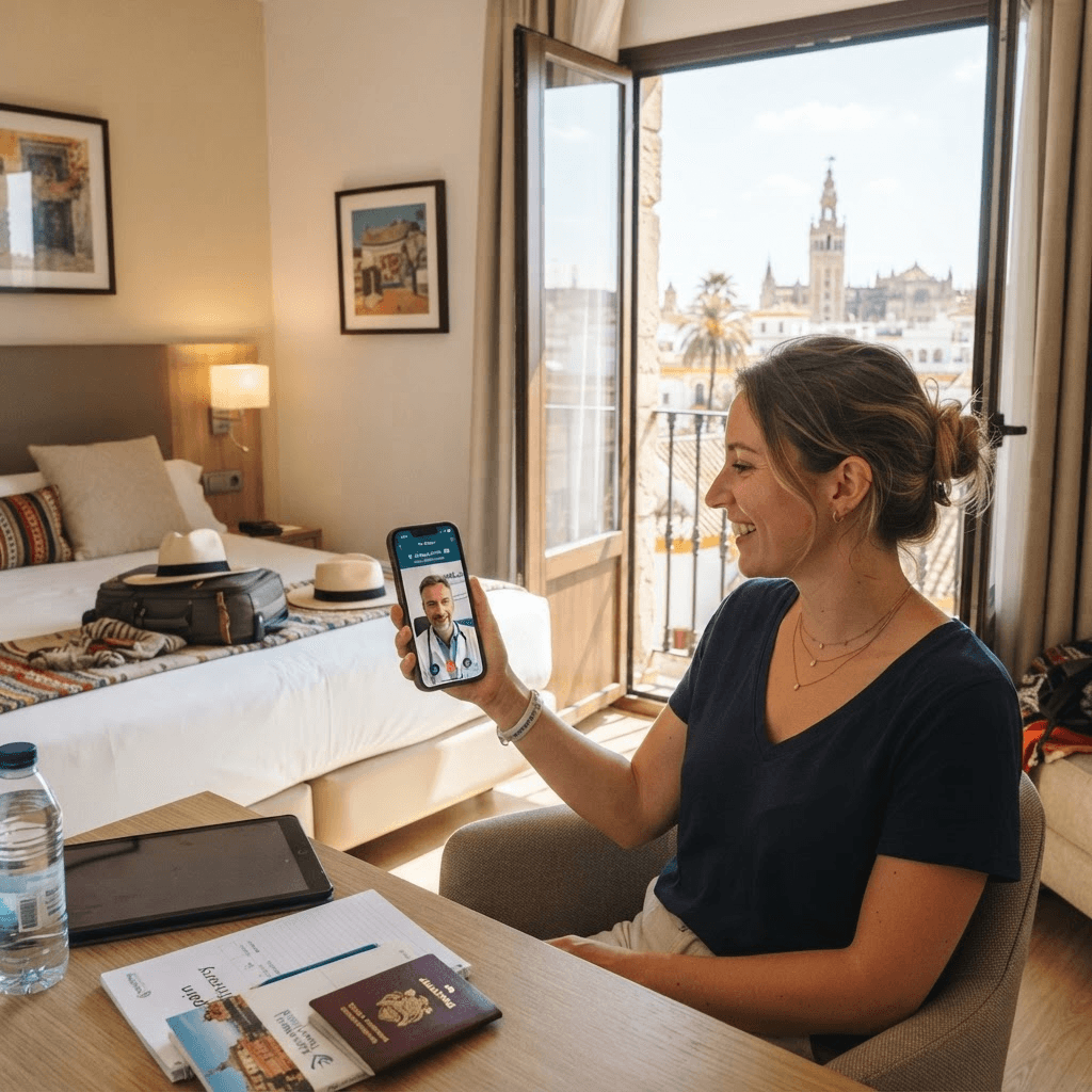 Tourist holding smartphone with online GP video consultation in Spanish hotel room overlooking city