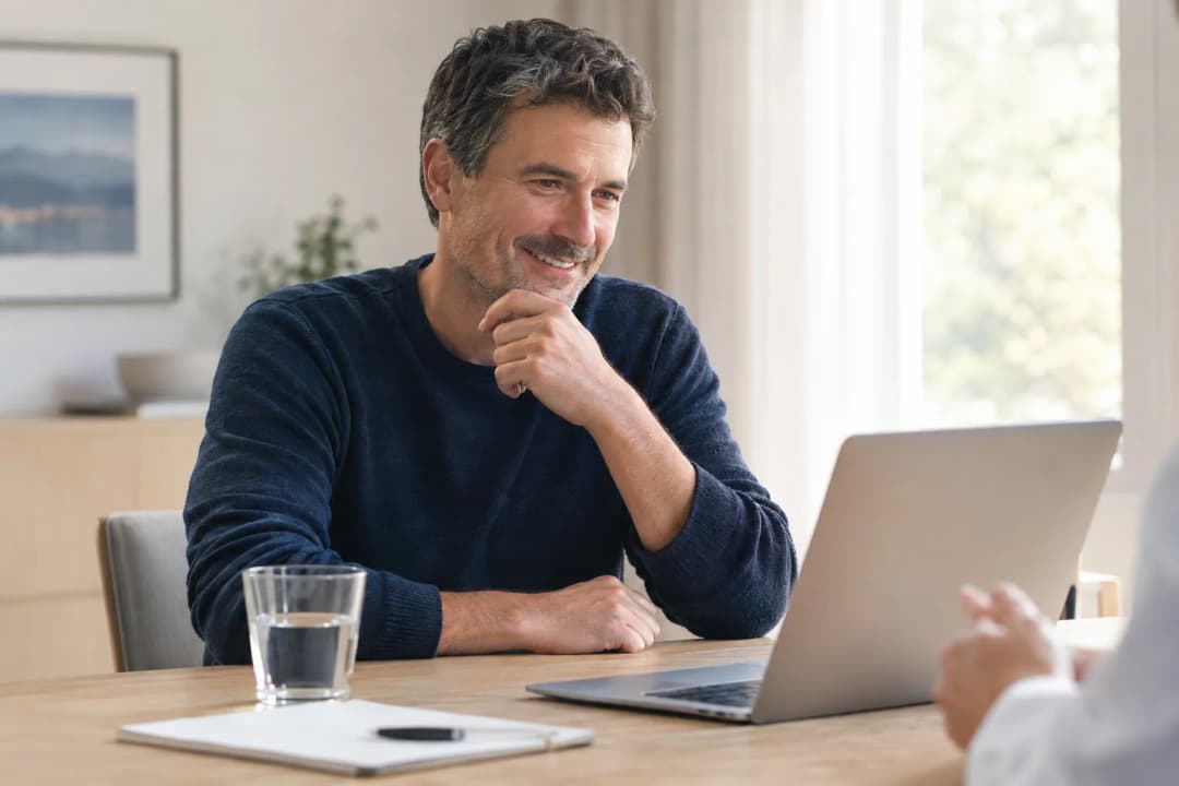 Man at home talking to a doctor on a laptop during a video visit